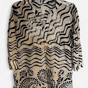 Chico’s Black & White Blouse, Embroidered Detail, 3/4 inch Sleeves, Small